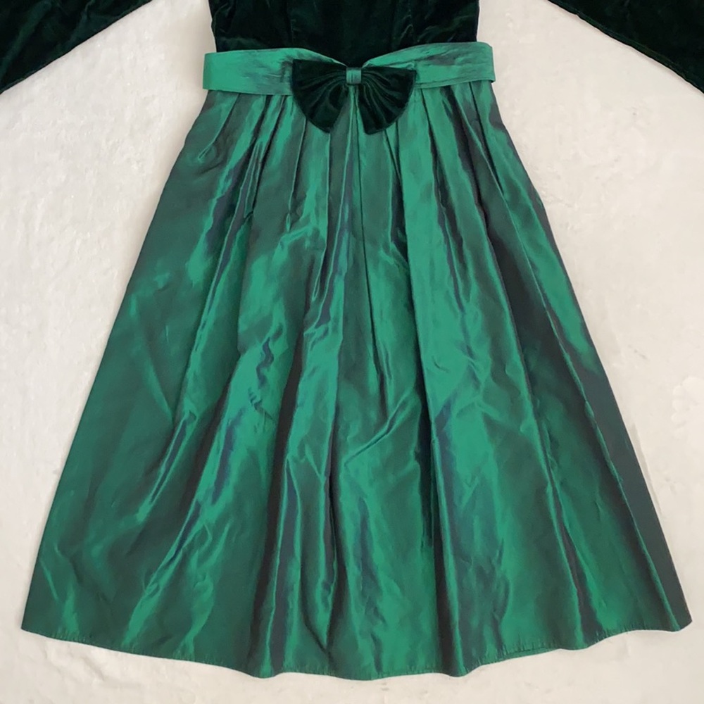 {VTG} Lanz Originals | Velvet Satin Bow Belt Long Sleeve Midi Dress Emerald (8) - Picture 6 of 16